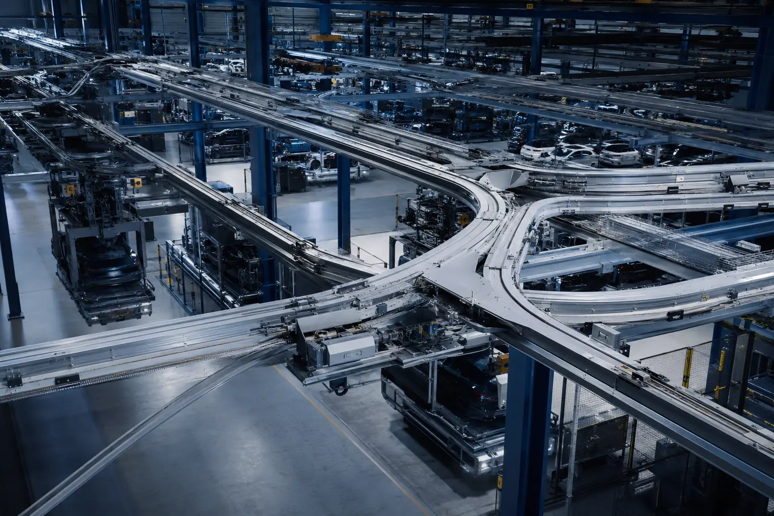 Verzweigte Fördertechnikanlage in einer Produktionshalle